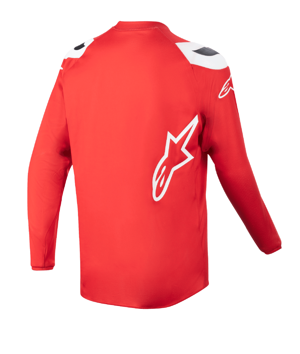 Alpinestars Maglia Youth Racer Narin 2023, maglia da motocross, rosso Mars e bianco, vista posteriore con bordo posteriore allungato, logo a stella Alpinestars bianco sul lato, abbigliamento tecnico da fuoristrada