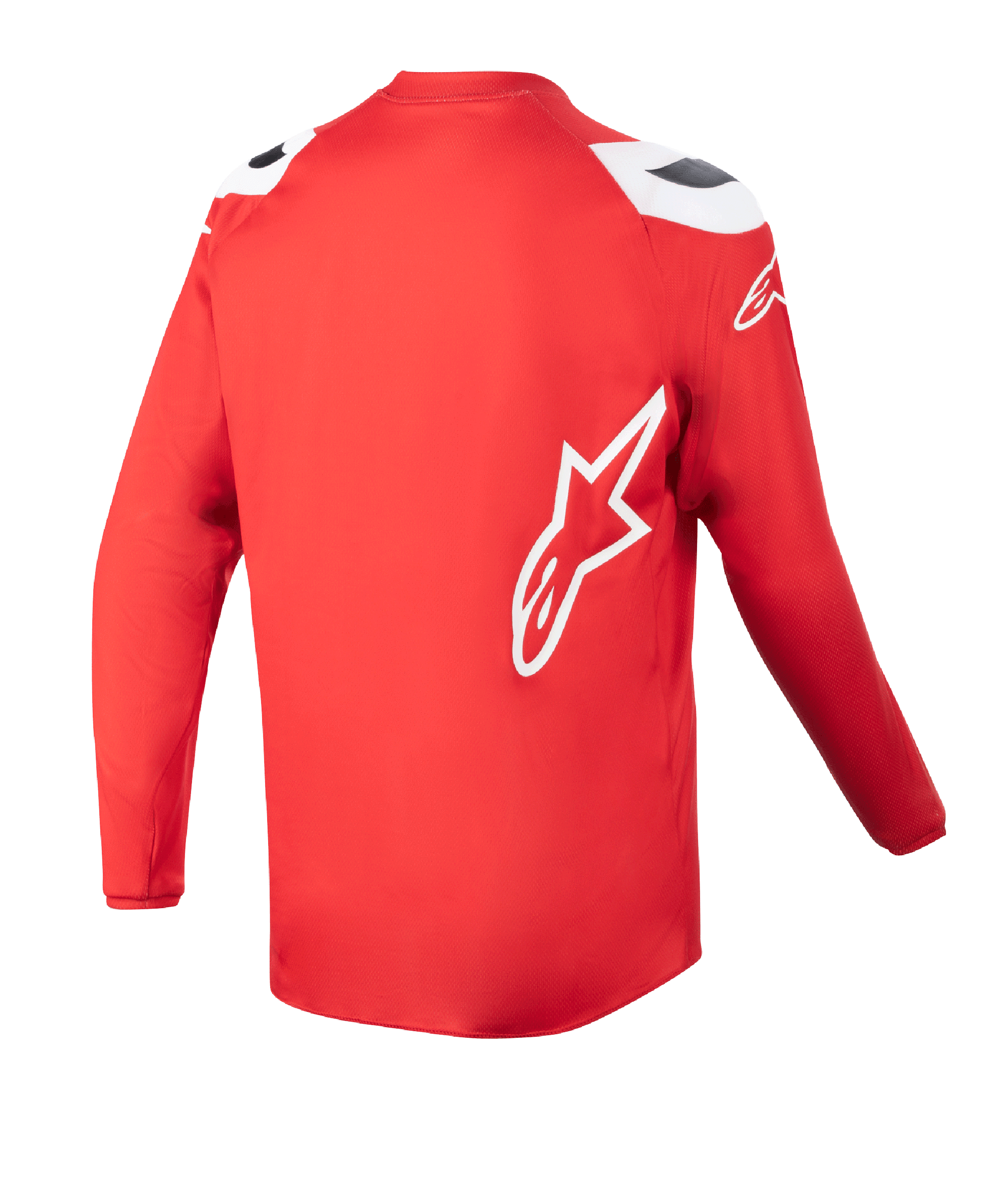 Alpinestars Maglia Youth Racer Narin 2023, maglia da motocross, rosso Mars e bianco, vista posteriore con bordo posteriore allungato, logo a stella Alpinestars bianco sul lato, abbigliamento tecnico da fuoristrada