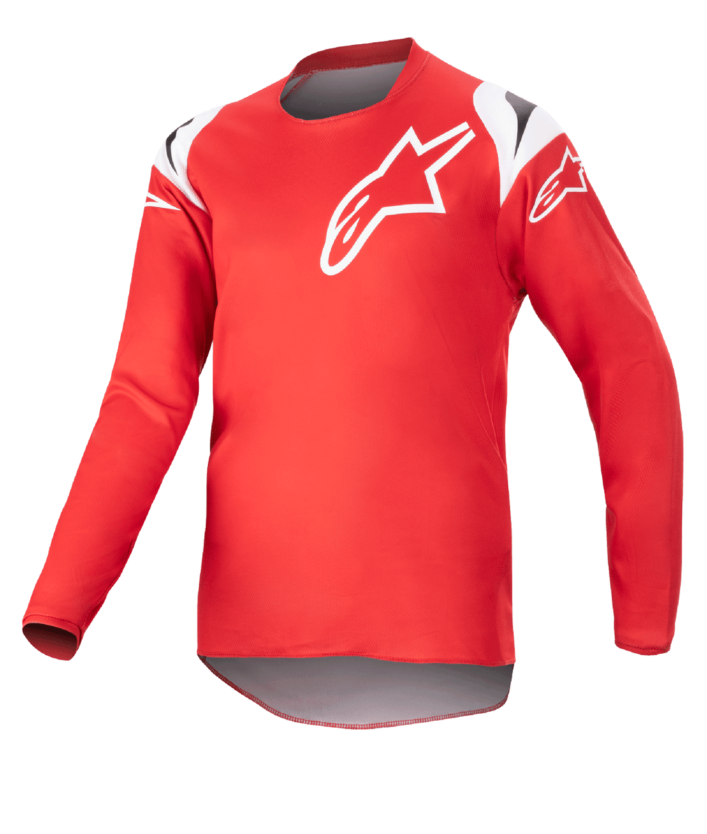 Alpinestars Youth 2023 Racer Narin Jersey, maglia da motocross, rosso e bianco, con un grande logo a stella bianco sul petto e dettagli sulle spalle, tessuto tecnico leggero a maniche lunghe per gare fuoristrada
