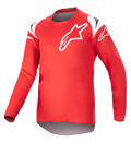 Alpinestars Youth 2023 Racer Narin Jersey, maglia da motocross, rosso e bianco, con un grande logo a stella bianco sul petto e dettagli sulle spalle, tessuto tecnico leggero a maniche lunghe per gare fuoristrada