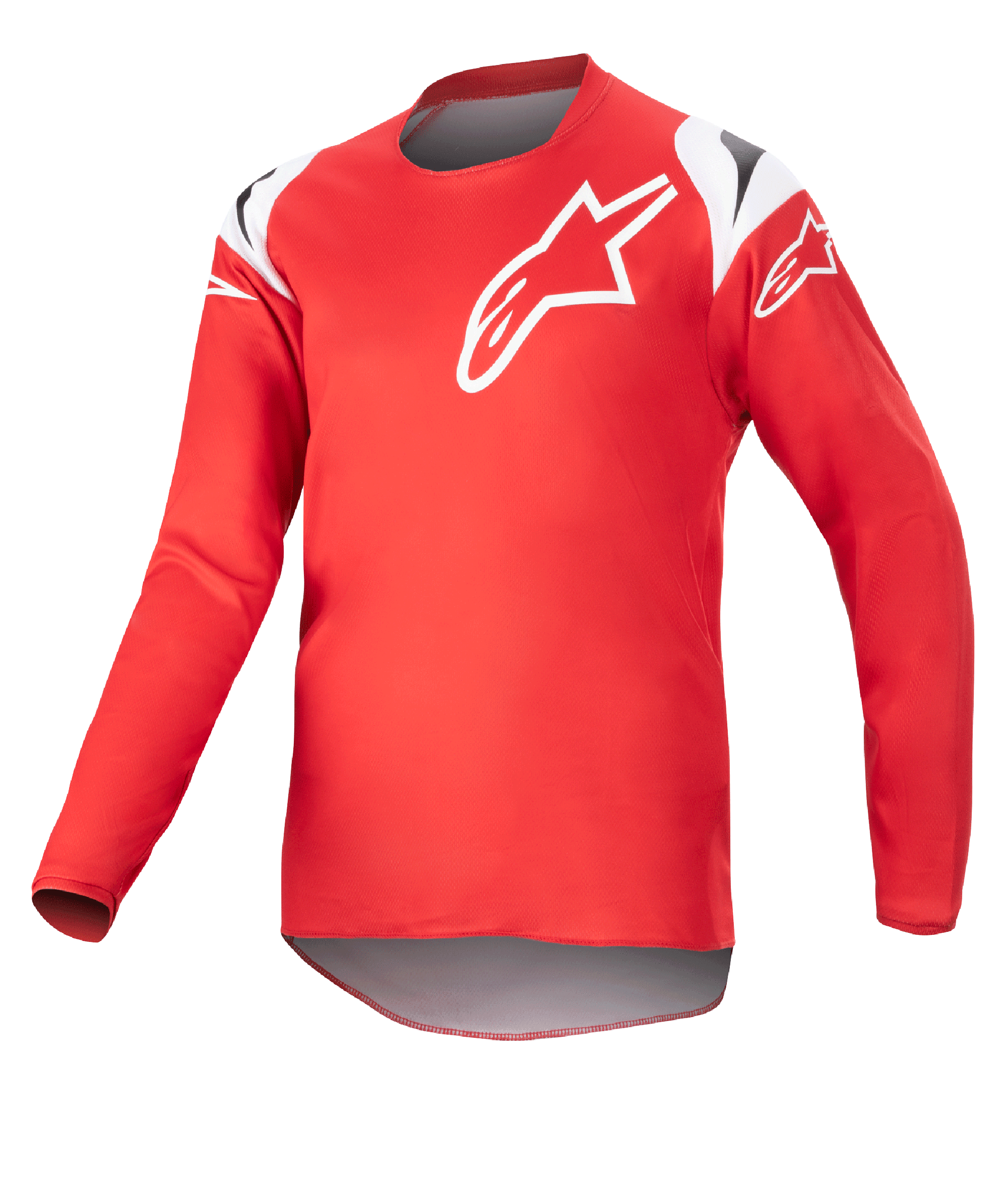 Alpinestars Youth 2023 Racer Narin Jersey, maglia da motocross, rosso e bianco, con un grande logo a stella bianco sul petto e dettagli sulle spalle, tessuto tecnico leggero a maniche lunghe per gare fuoristrada