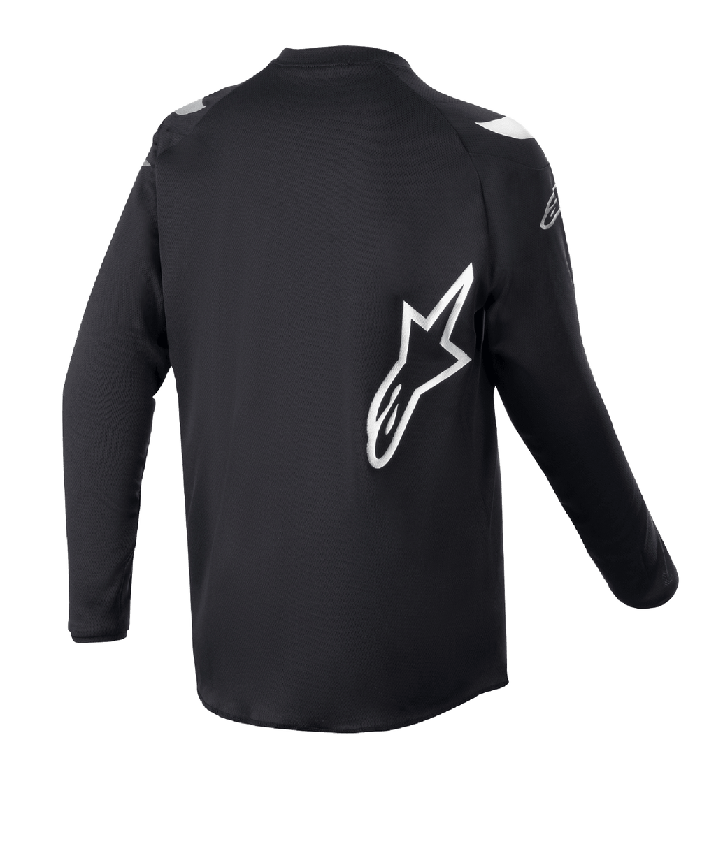 Alpinestars Maglia Racer Graphite Ragazzo 2023, maglia da motocross, nero riflettente, vista posteriore con grande logo a stella Alpinestars bianco, tessuto tecnico traspirante, maniche lunghe, abbigliamento fuoristrada resistente