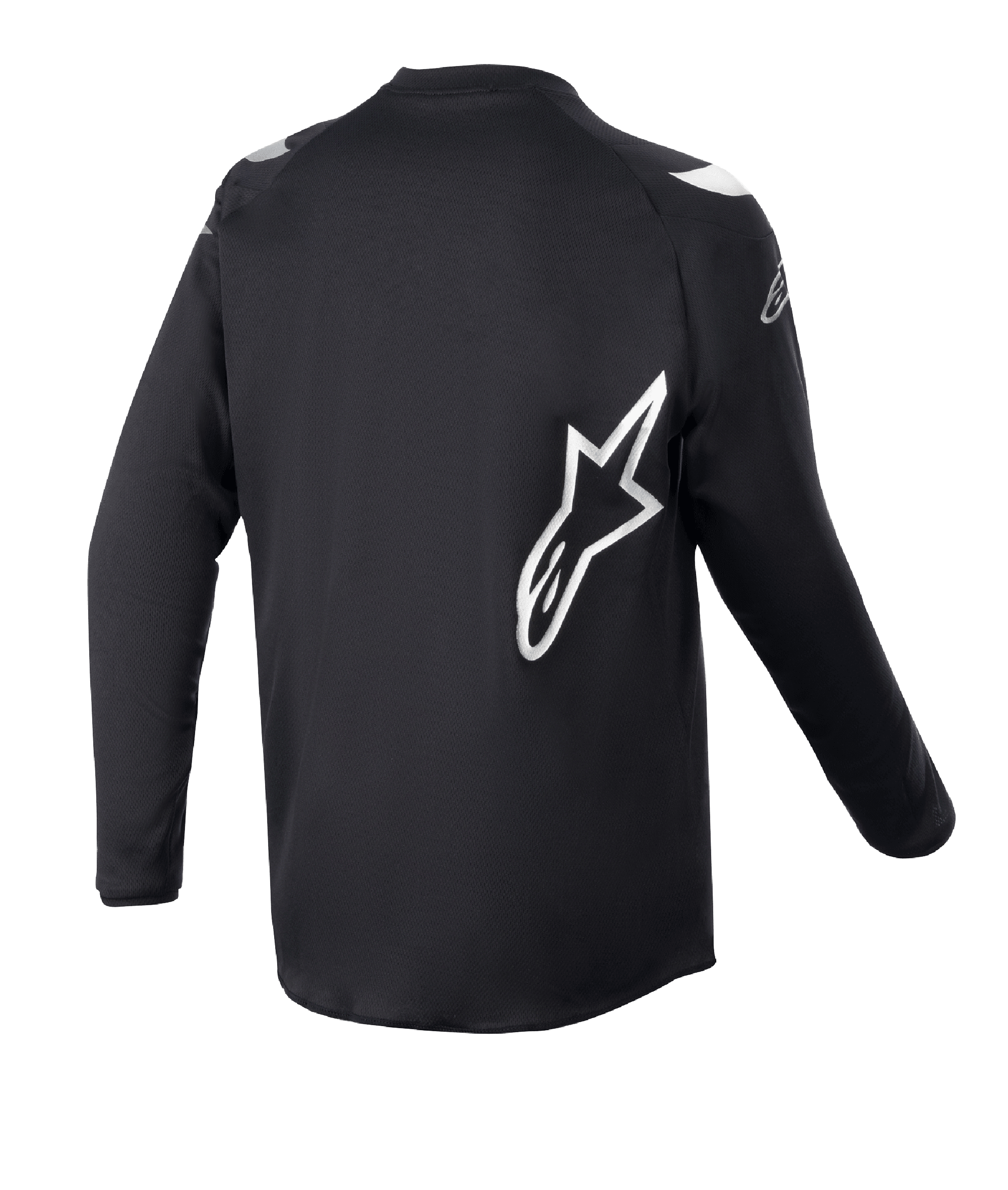 Alpinestars Maglia Racer Graphite Ragazzo 2023, maglia da motocross, nero riflettente, vista posteriore con grande logo a stella Alpinestars bianco, tessuto tecnico traspirante, maniche lunghe, abbigliamento fuoristrada resistente