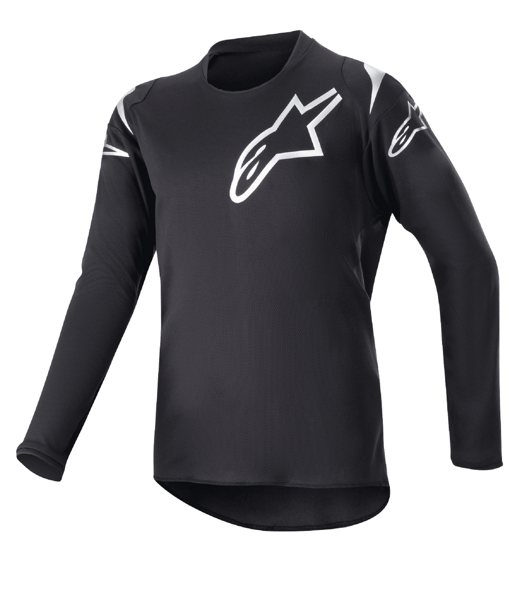Alpinestars Youth 2023 Racer Graphite Jersey, maglia da motocross, nero e nero riflettente, loghi a stella bianchi su petto e spalle, maniche lunghe, tessuto leggero traspirante con bordo posteriore allungato, design sportivo per la guida off-road
