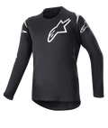 Alpinestars Youth 2023 Racer Graphite Jersey, maglia da motocross, nero e nero riflettente, loghi a stella bianchi su petto e spalle, maniche lunghe, tessuto leggero traspirante con bordo posteriore allungato, design sportivo per la guida off-road