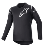 Alpinestars Youth 2023 Racer Graphite Jersey, maglia da motocross, nero e nero riflettente, loghi a stella bianchi su petto e spalle, maniche lunghe, tessuto leggero traspirante con bordo posteriore allungato, design sportivo per la guida off-road