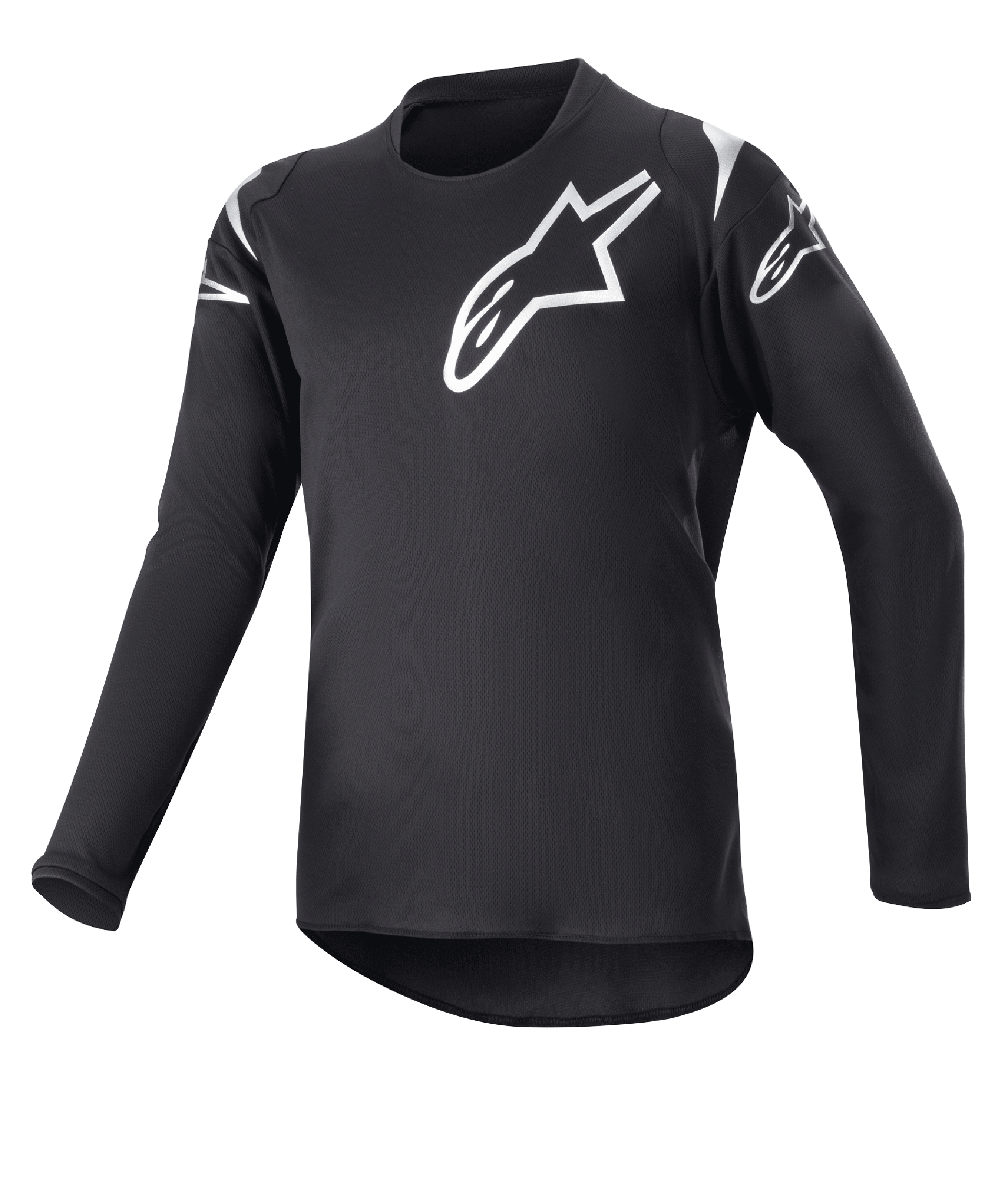 Alpinestars Youth 2023 Racer Graphite Jersey, maglia da motocross, nero e nero riflettente, loghi a stella bianchi su petto e spalle, maniche lunghe, tessuto leggero traspirante con bordo posteriore allungato, design sportivo per la guida off-road