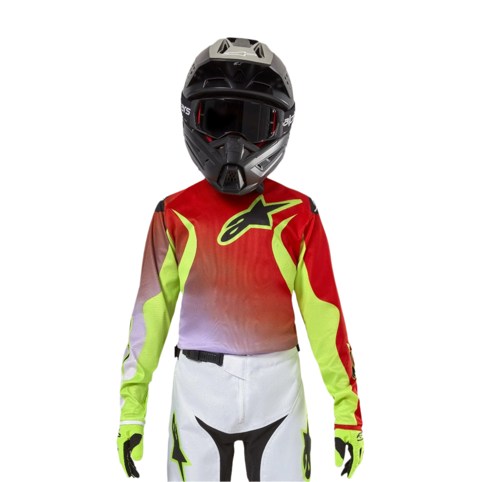 Alpinestars Youth 2024 Racer Lucent Jersey, maglia da motocross, bianco, rosso neon e giallo fluo, design rosso e giallo neon con logo a stella nero, indossata con casco nero coordinato, pantaloni bianchi e guanti neon per un kit da corsa professionale.