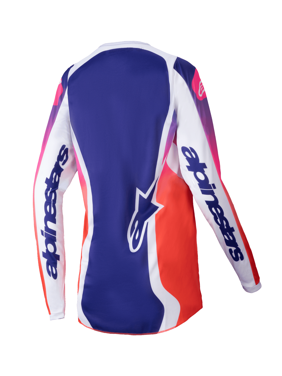 Alpinestars Stella Fluid Wurx Jersey 2025, maglia da motocross da donna, bianco multicolore con sfumature blu e dal rosa all'arancione, vista posteriore con maniche bianche e logo a stella, design atletico traspirante