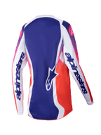 Alpinestars Stella Fluid Wurx Jersey 2025, maglia da motocross da donna, bianco multicolore con sfumature blu e dal rosa all'arancione, vista posteriore con maniche bianche e logo a stella, design atletico traspirante