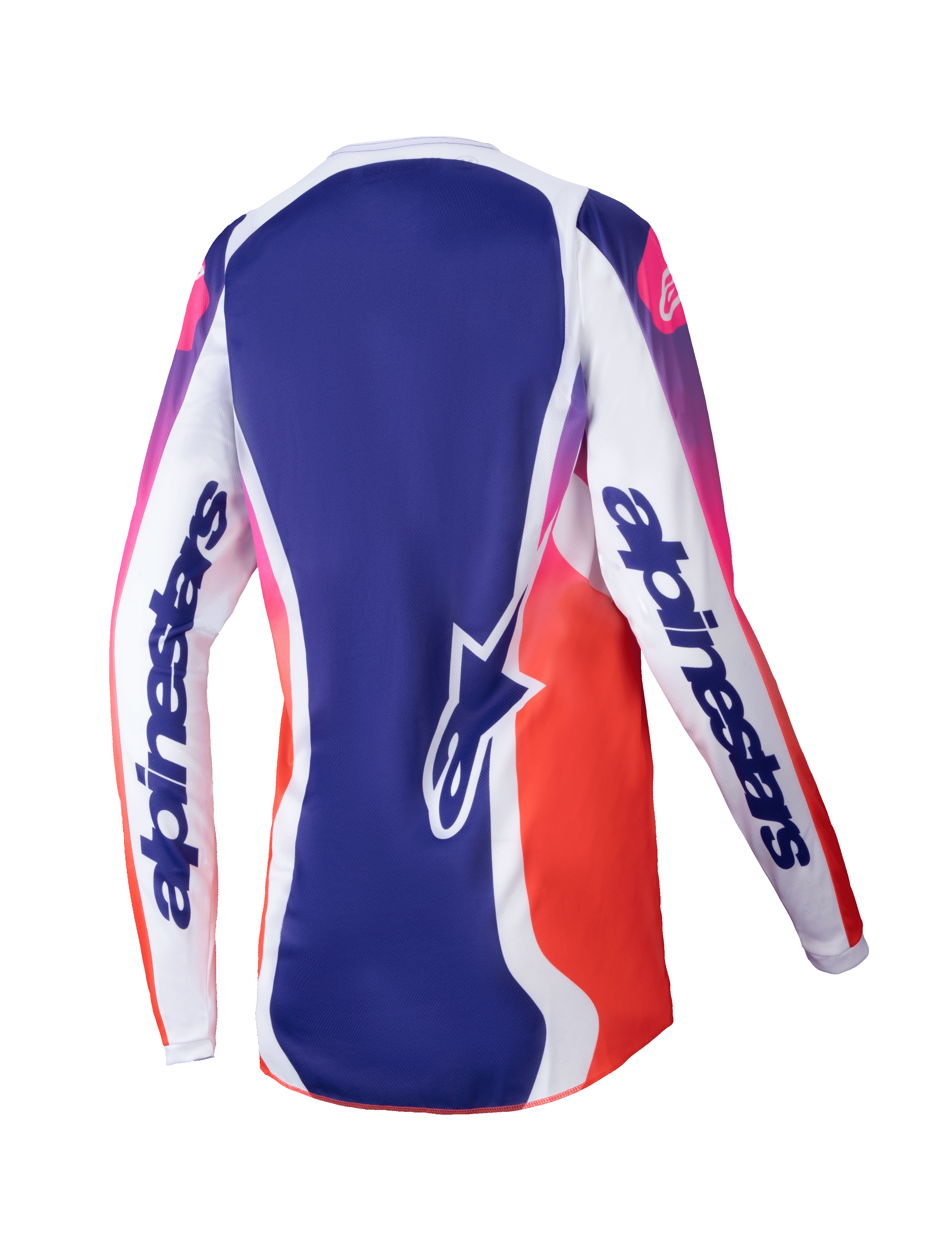 Alpinestars Stella Fluid Wurx Jersey 2025, maglia da motocross da donna, bianco multicolore con sfumature blu e dal rosa all'arancione, vista posteriore con maniche bianche e logo a stella, design atletico traspirante