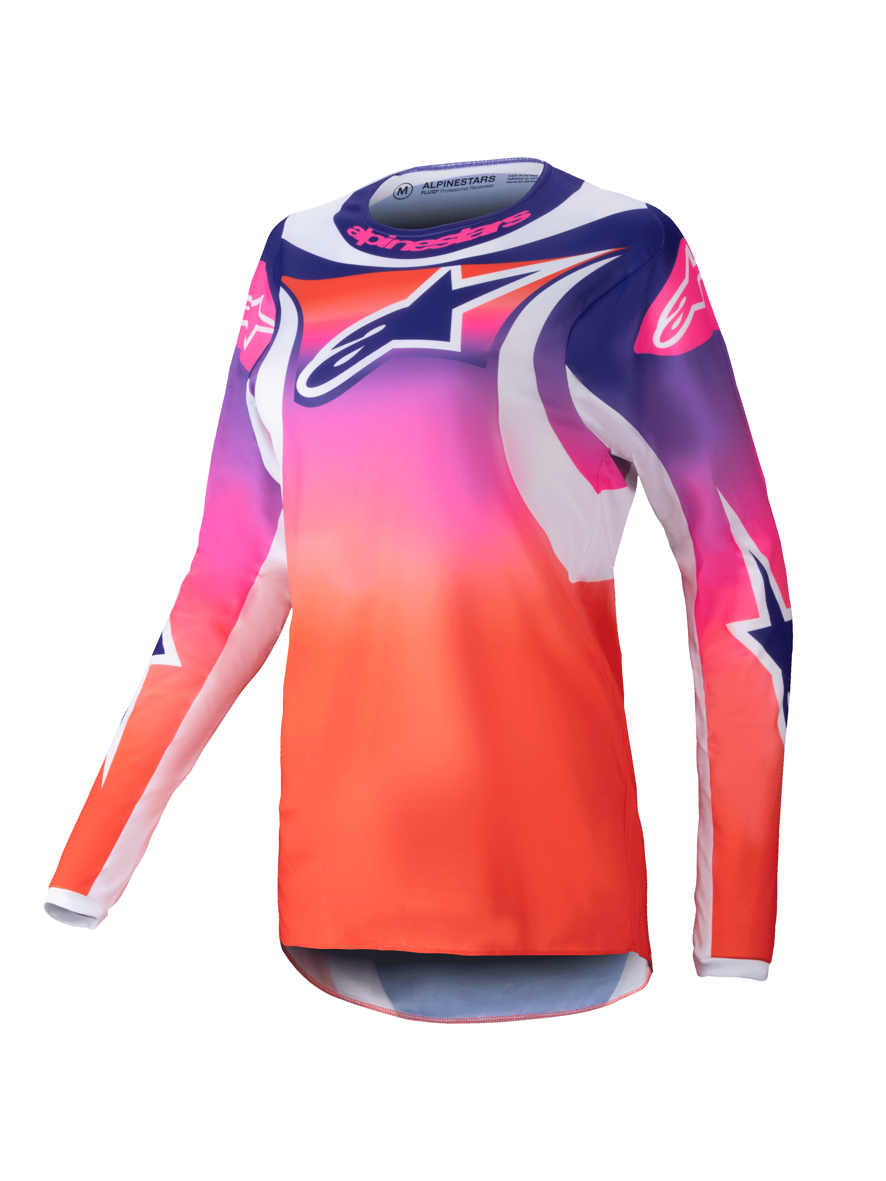 Alpinestars Stella Fluid Wurx Jersey 2025, maglia da motocross donna a maniche lunghe, sfumatura viola, rosa e arancione con grafiche a stella blu scuro e bianche, vestibilità atletica e girocollo, abbigliamento tecnico per il fuoristrada