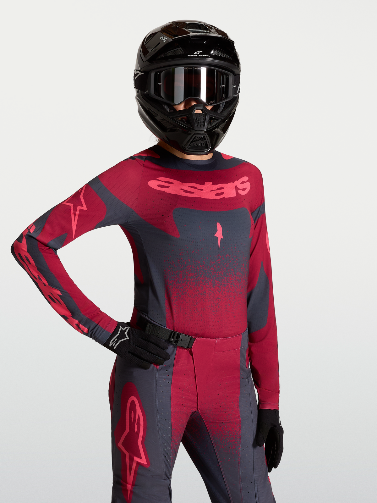 Alpinestars maglia Stella Techstar Swan, maglia motocross da donna, rosso cremisi e grigio scuro, ventilazione laser-cut
