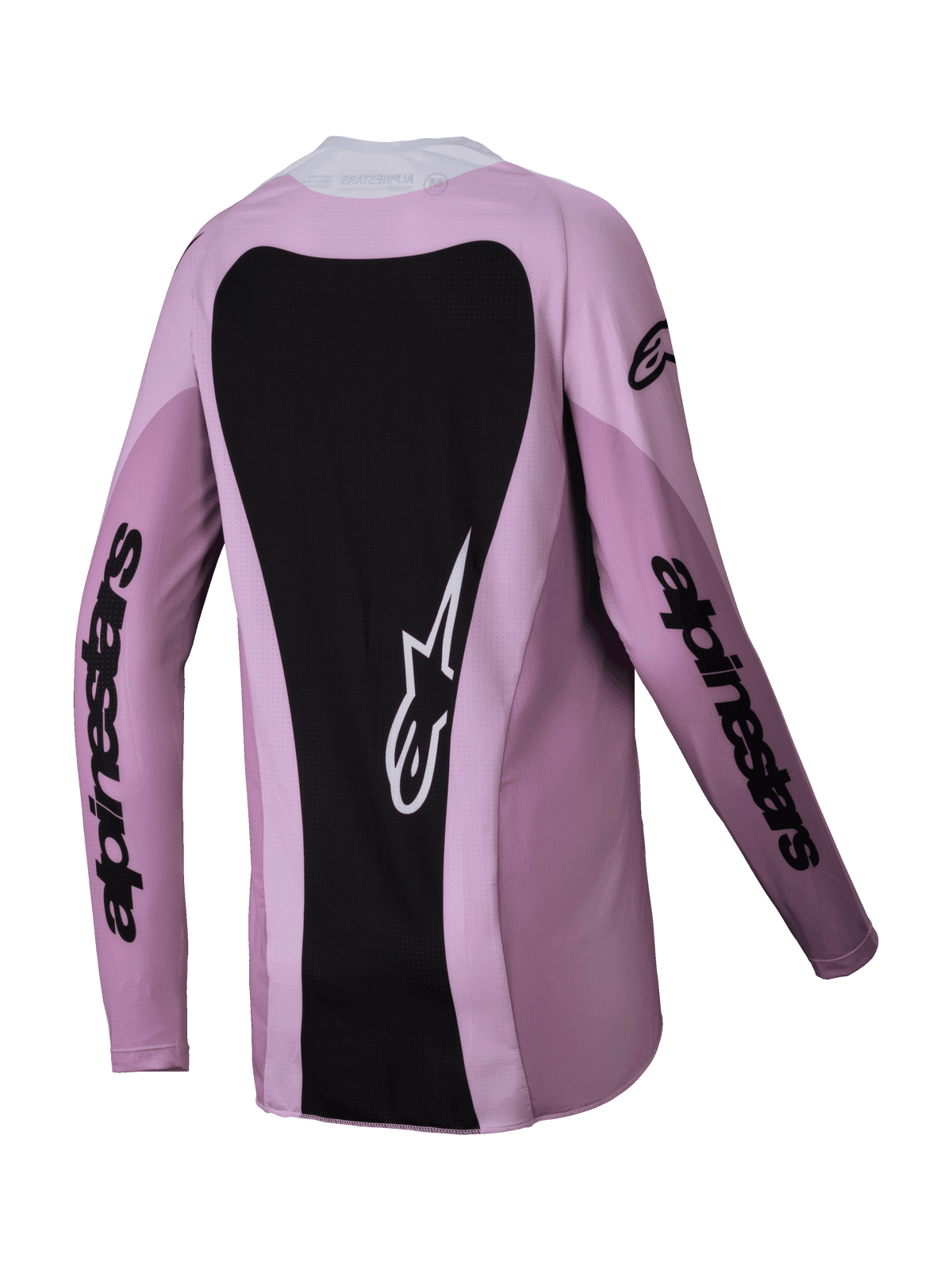 Alpinestars 2025 Woman Stella Techstar Melt Jersey, maglia da motocross, Blush Black, vista posteriore con ampio pannello nero e logo Astars bianco, branding nero sulle maniche e costruzione in politessuto leggero per gare fuoristrada
