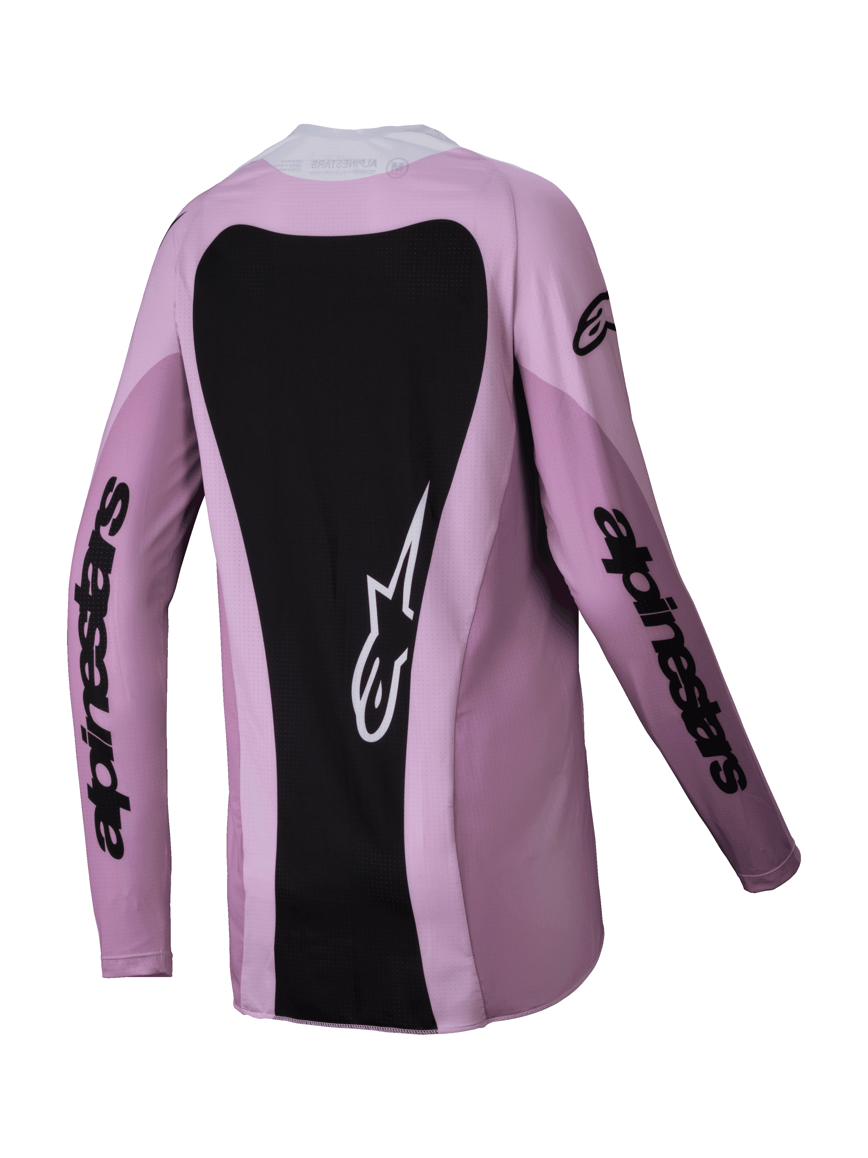 Alpinestars 2025 Stella Techstar Melt Jersey, maglia da motocross, Blush Black, vista posteriore con ampio pannello nero e logo stella bianco, maniche lunghe con scritta Alpinestars nera, abbigliamento tecnico off-road da donna