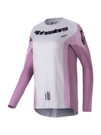 Alpinestars Stella Techstar Melt Jersey 2025, maglia da motocross a maniche lunghe da donna, rosa cipria e grigio chiaro con loghi neri, perforazioni tagliate al laser per la ventilazione, abbigliamento tecnico sportivo