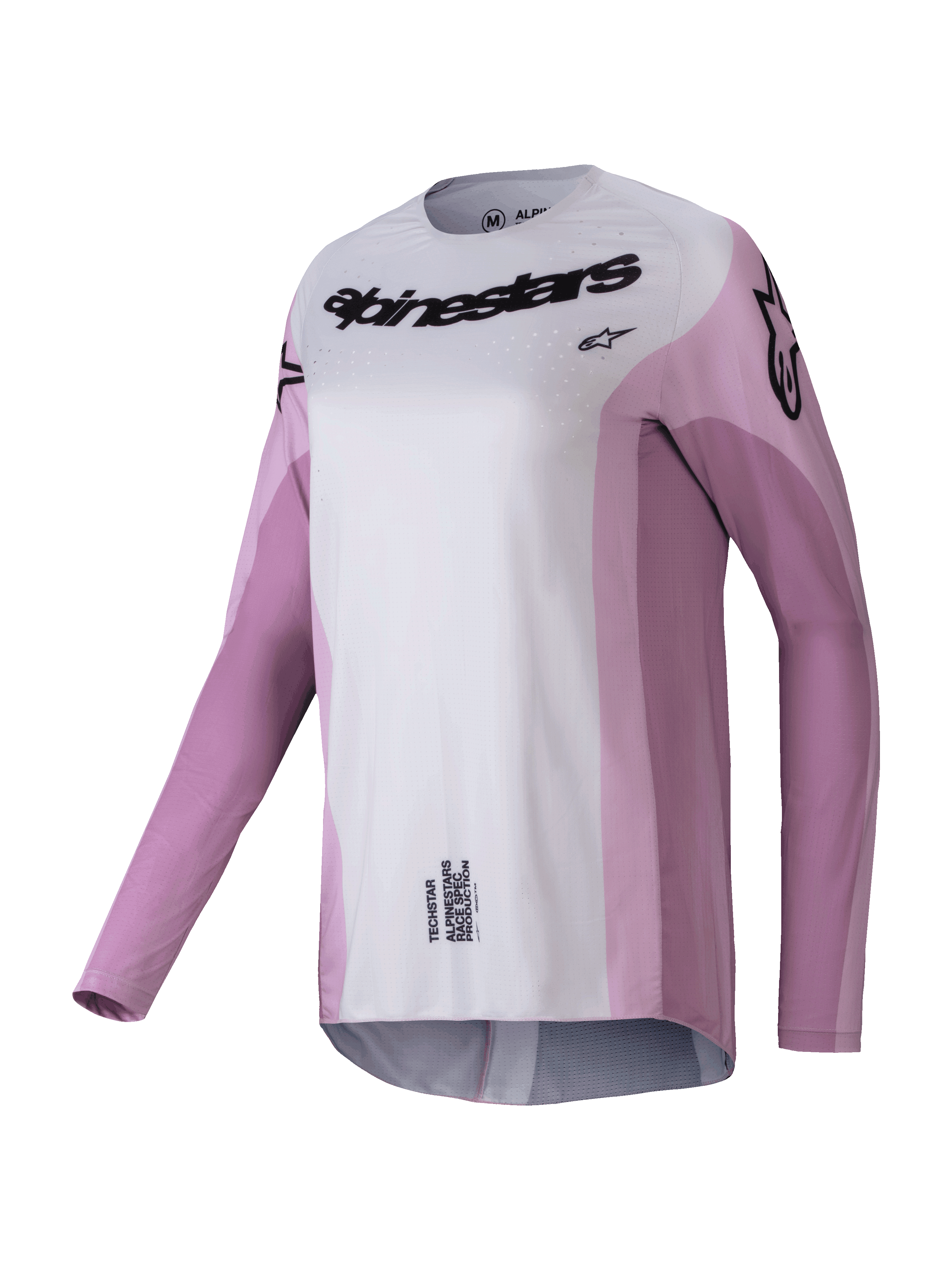 Alpinestars Stella Techstar Melt Jersey 2025, maglia da motocross a maniche lunghe da donna, rosa cipria e grigio chiaro con loghi neri, perforazioni tagliate al laser per la ventilazione, abbigliamento tecnico sportivo