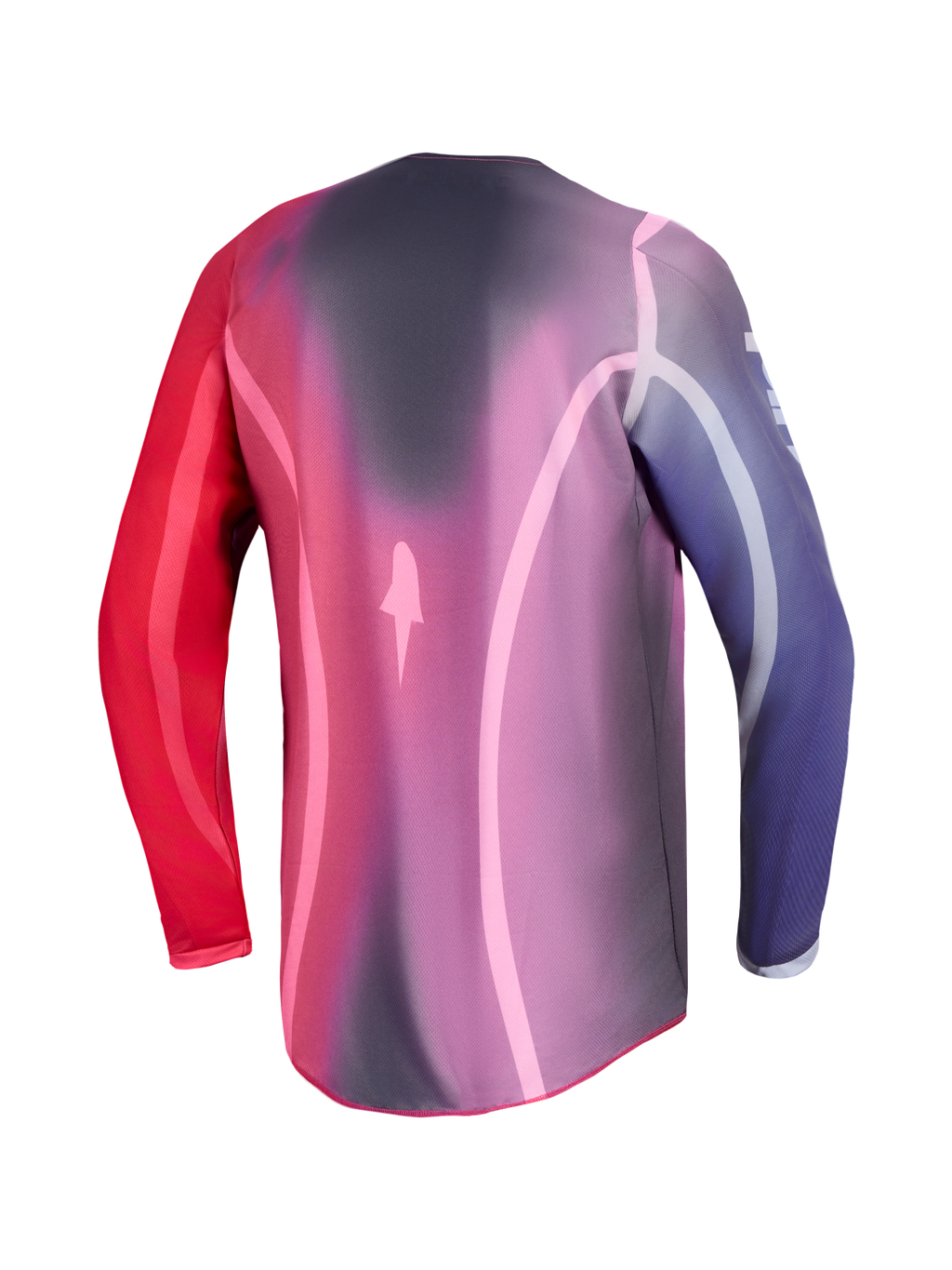 Maglia Alpinestars Stella Fluid Kepler, maglia motocross da donna viola e rossa, vista posteriore con orlo allungato.