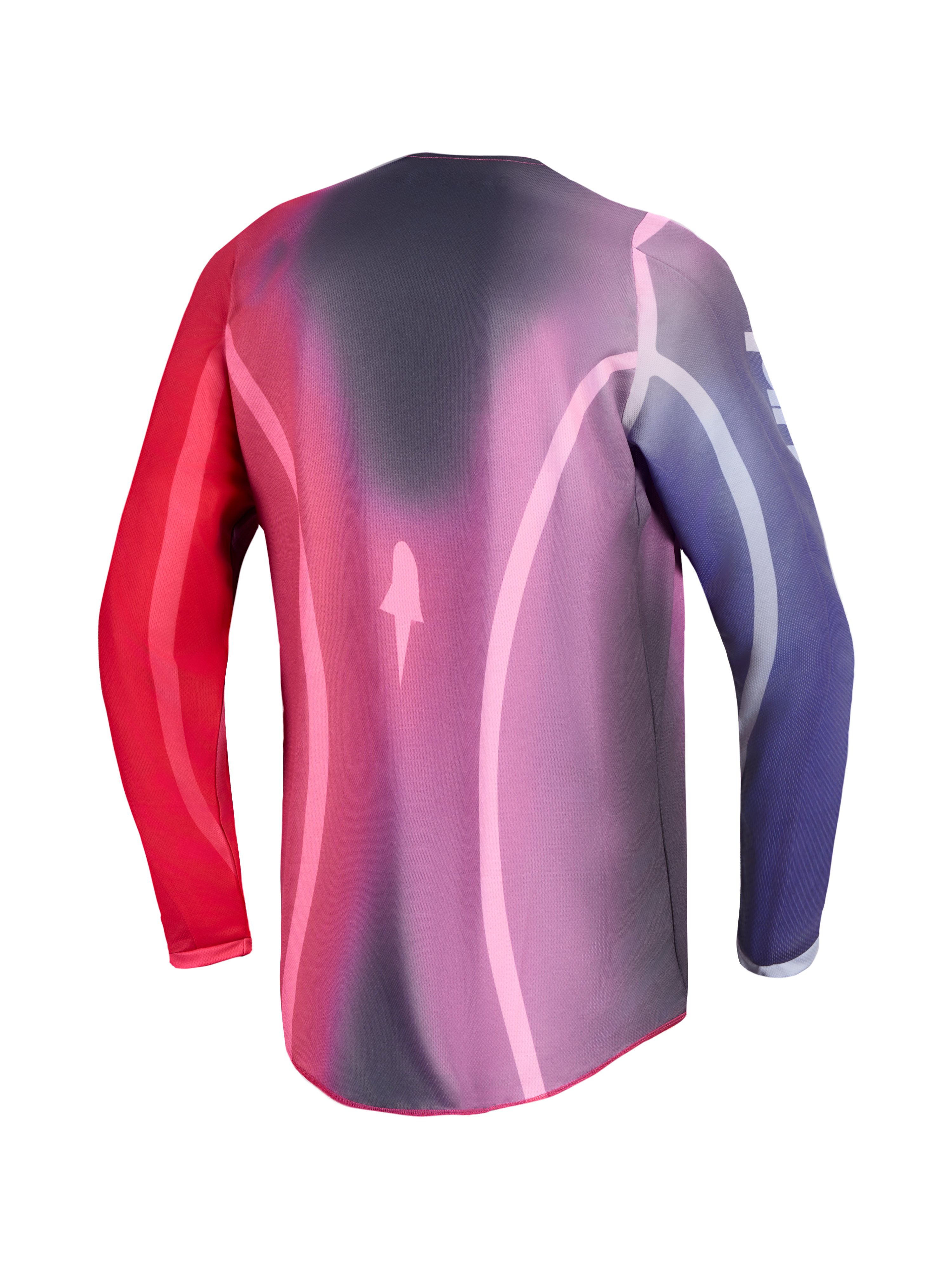 Maglia Alpinestars Stella Fluid Kepler, maglia motocross da donna viola e rossa, vista posteriore con orlo allungato.