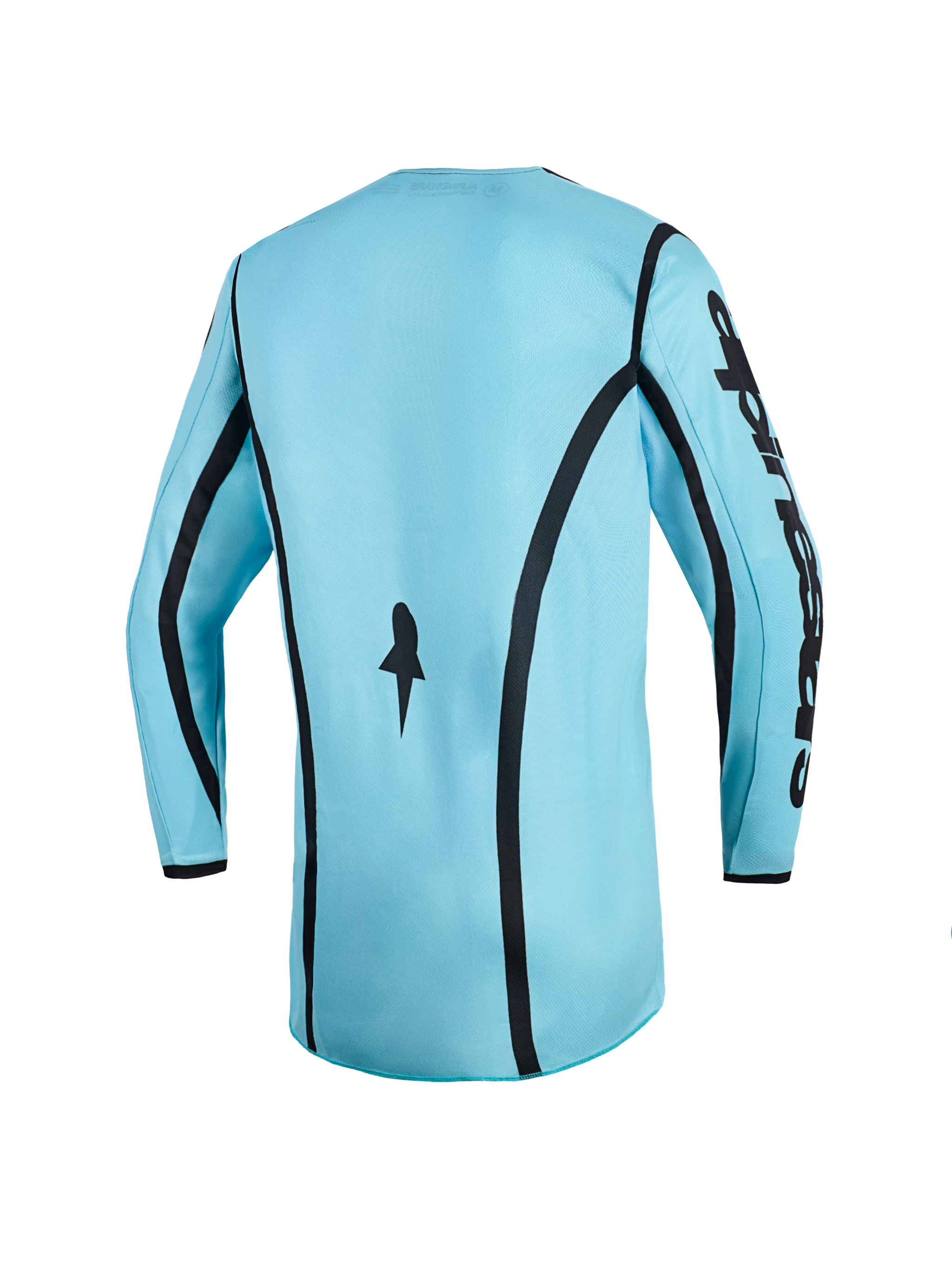 Alpinestars Stella Fluid Apex Jersey 2026 da donna, maglia da motocross, azzurro con dettagli neri, vista posteriore con strisce verticali curve, marchio Alpinestars sulla manica e taglio posteriore allungato per prestazioni off-road