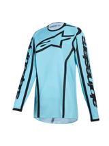 Alpinestars 2026 Stella Fluid Apex Jersey da donna, maglia da motocross, colorazione Tropical Black azzurra con accenti neri, grande logo Astars nero sul petto e marchio sulle maniche, colletto sportivo ergonomico, tessuto tecnico traspirante