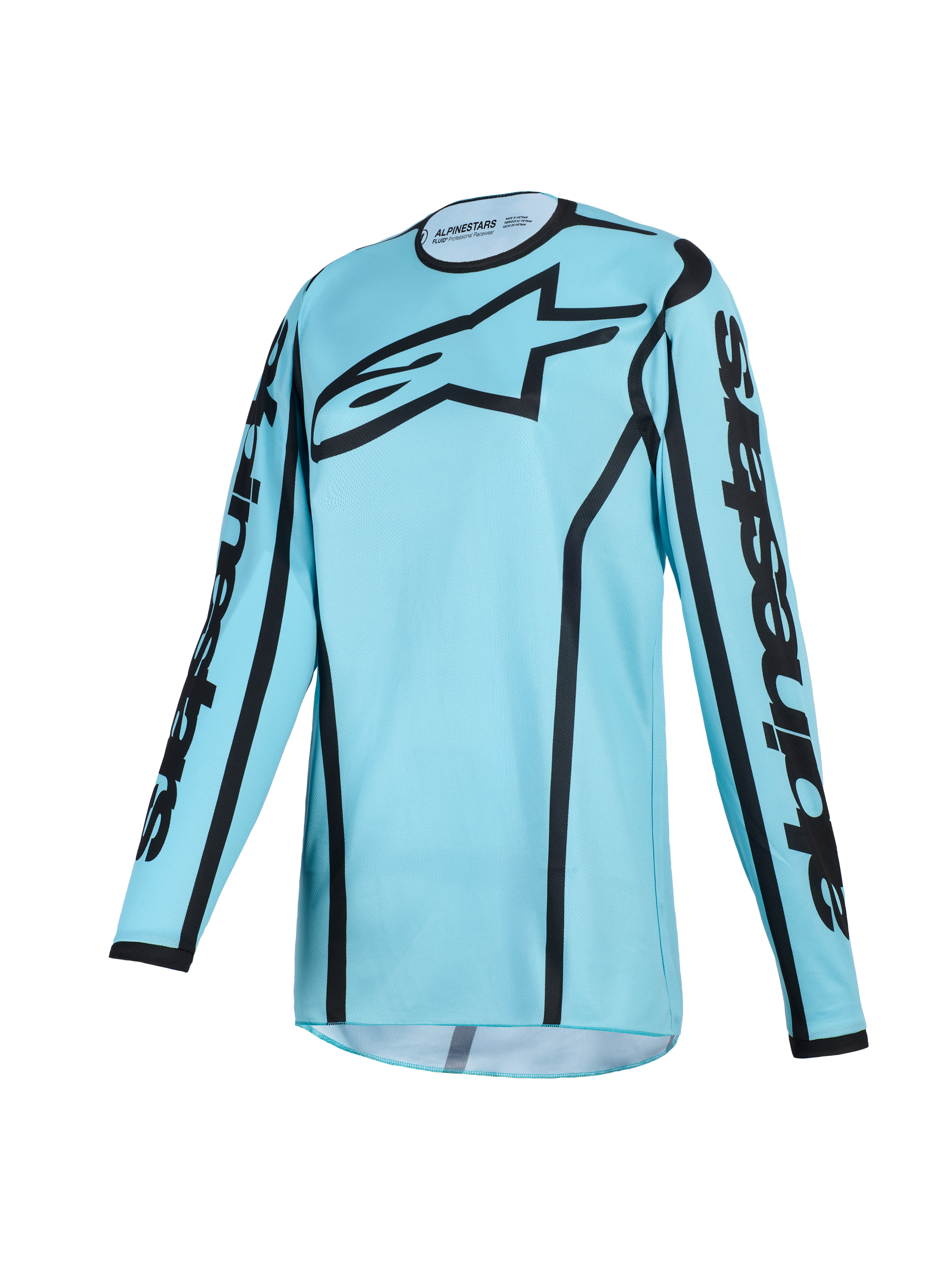 Alpinestars 2026 Stella Fluid Apex Jersey da donna, maglia da motocross, colorazione Tropical Black azzurra con accenti neri, grande logo Astars nero sul petto e marchio sulle maniche, colletto sportivo ergonomico, tessuto tecnico traspirante