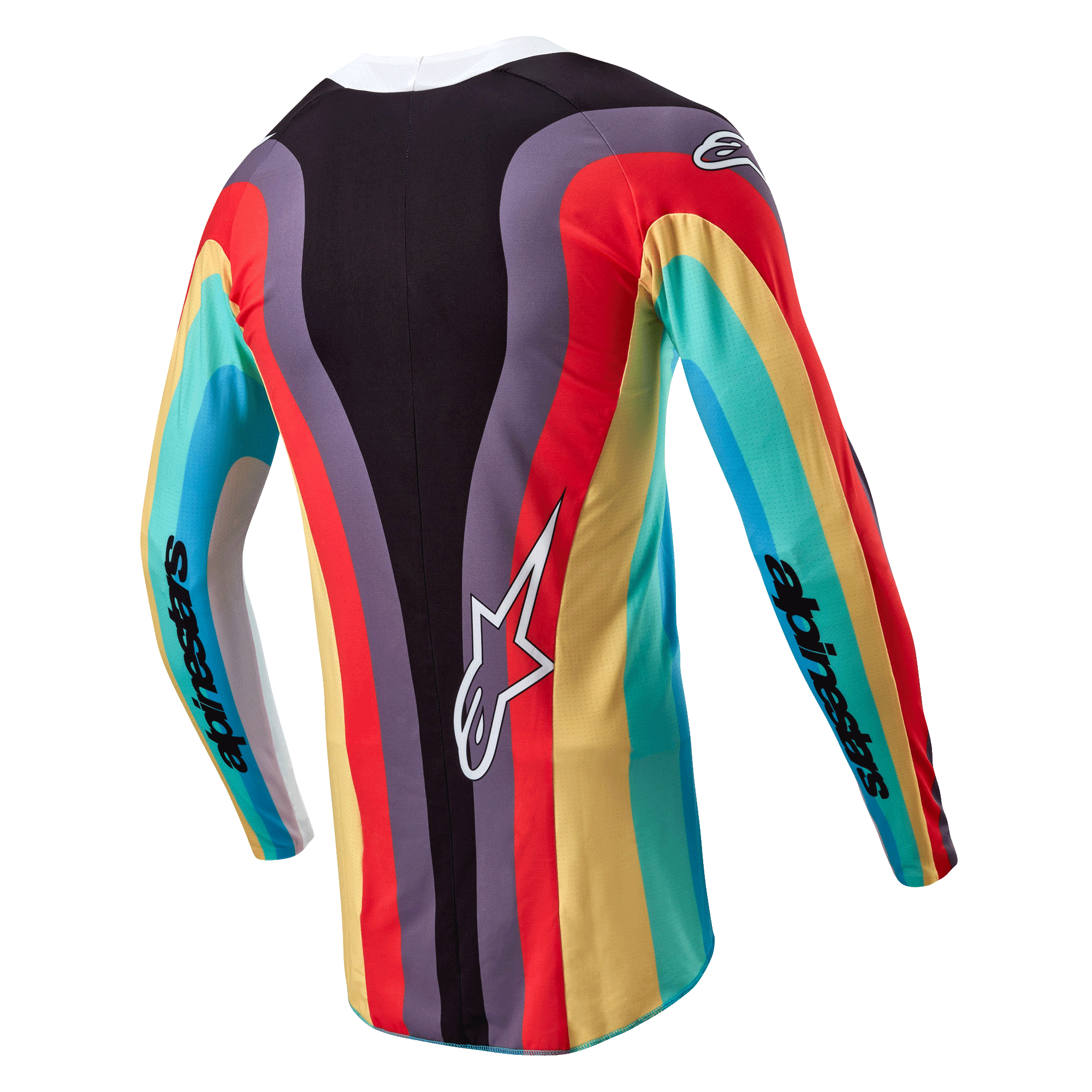 Maglia Alpinestars Stella Techstar Donna 2024, maglia da motocross, nero multicolore, vista posteriore con vivace motivo a onde in rosso, giallo e turchese, logo Astar bianco sulla parte inferiore della schiena e marchio Alpinestars sulle maniche.