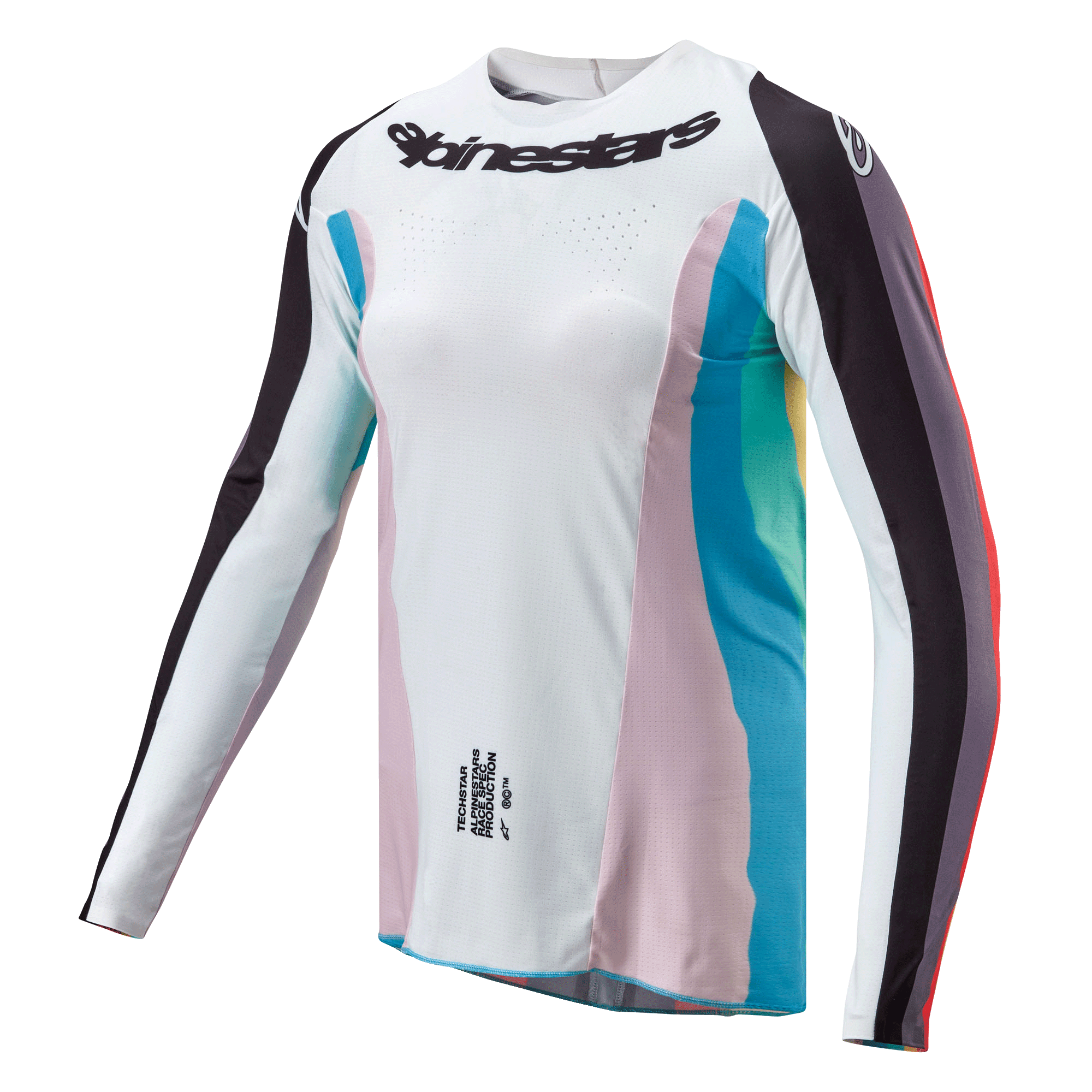 Alpinestars Maglia Stella Techstar Donna 2024, maglia da motocross, nero multicolore, corpo bianco con pannelli laterali rosa e verde acqua, maniche a strisce nere, logo Alpinestars sul petto, vestibilità atletica femminile con perforazioni per la ventilazione