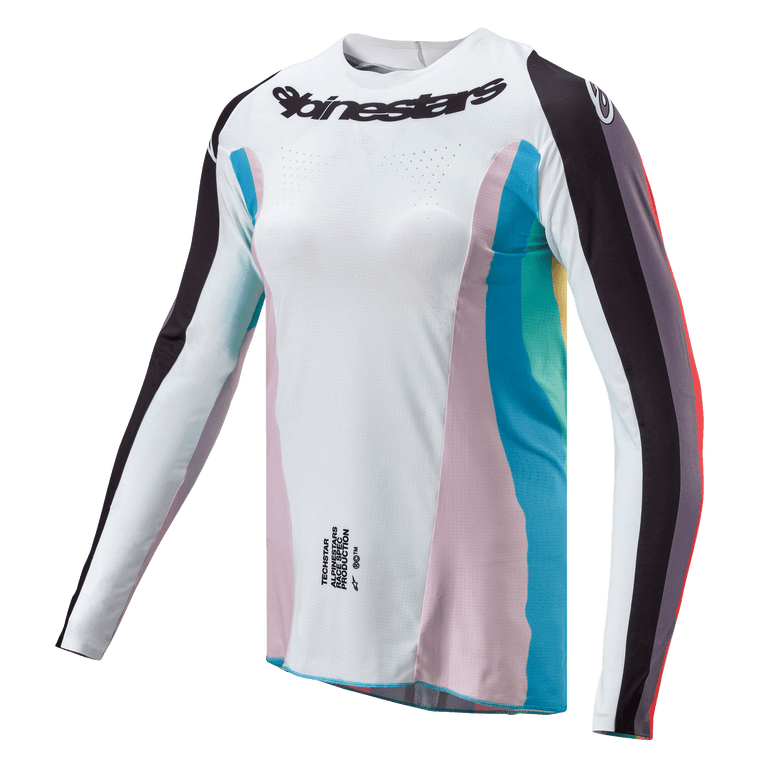 Alpinestars Maglia Stella Techstar Donna 2024, maglia da motocross, nero multicolore, corpo bianco con pannelli laterali rosa e verde acqua, maniche a strisce nere, logo Alpinestars sul petto, vestibilità atletica femminile con perforazioni per la ventilazione