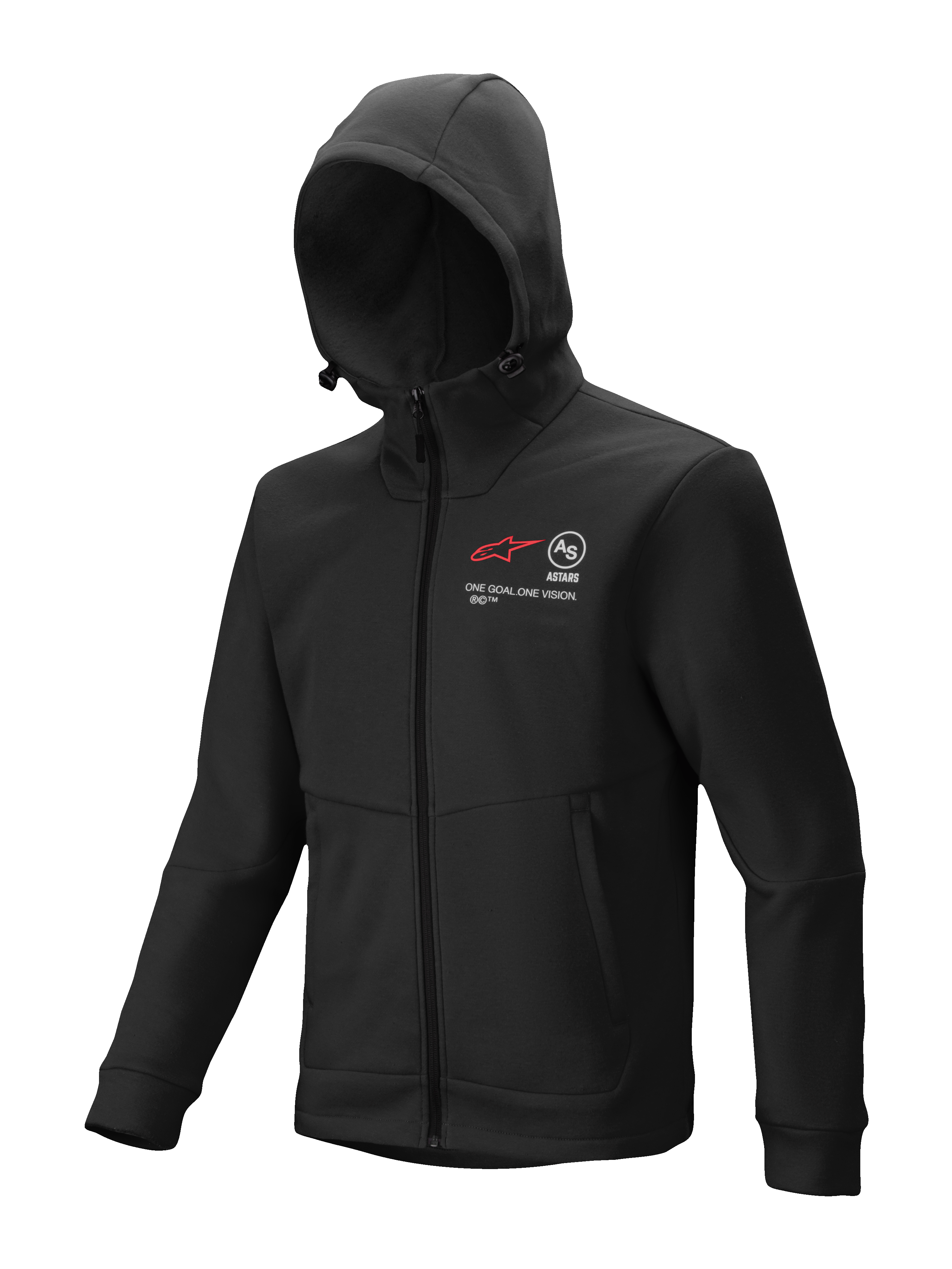 Alpinestars Racer MX Fleece, felpa nera con cappuccio e zip integrale, abbigliamento motocross e off-road, grafiche rosse e bianche con scritta 'ONE GOAL. ONE VISION.', cappuccio regolabile, tasche con zip, vestibilità ergonomica per pista e guida