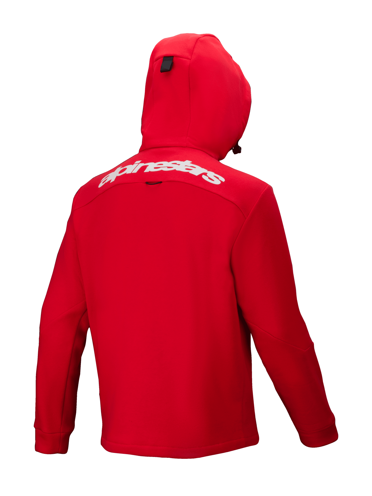 Alpinestars Racer MX Fleece, fleece da motocross rosso acceso, vista posteriore, con marchio Alpinestars bianco sulla parte superiore della schiena, cappuccio integrato, design ergonomico per prestazioni off-road