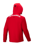 Alpinestars Racer MX Fleece, fleece da motocross rosso acceso, vista posteriore, con marchio Alpinestars bianco sulla parte superiore della schiena, cappuccio integrato, design ergonomico per prestazioni off-road