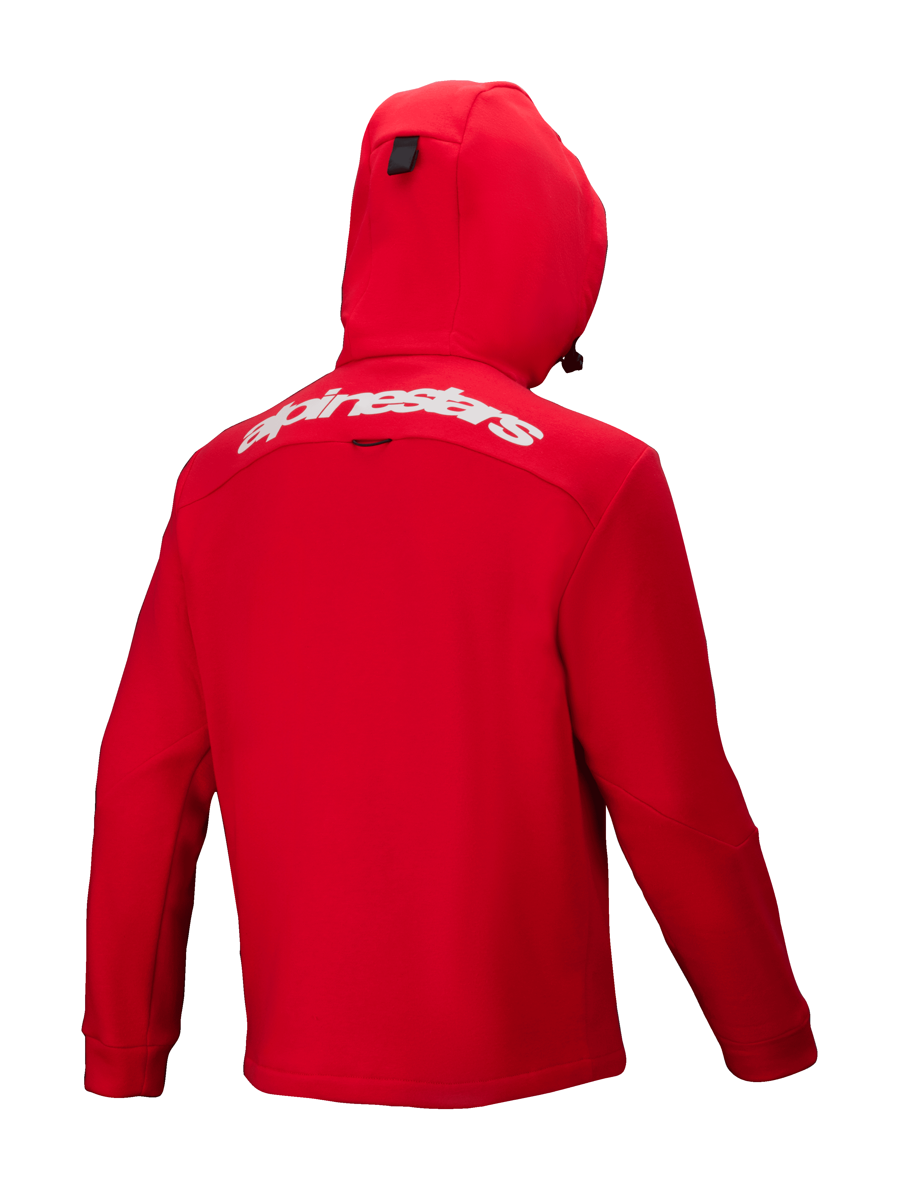 Alpinestars Racer MX Fleece, fleece da motocross rosso acceso, vista posteriore, con marchio Alpinestars bianco sulla parte superiore della schiena, cappuccio integrato, design ergonomico per prestazioni off-road