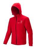 Alpinestars Racer MX Fleece, felpa con cappuccio da motocross rosso acceso, zip integrale nera, cappuccio regolabile, loghi bianchi Astars e scritta One Goal One Vision sul petto, tasche con zip, abbigliamento casual motorsport