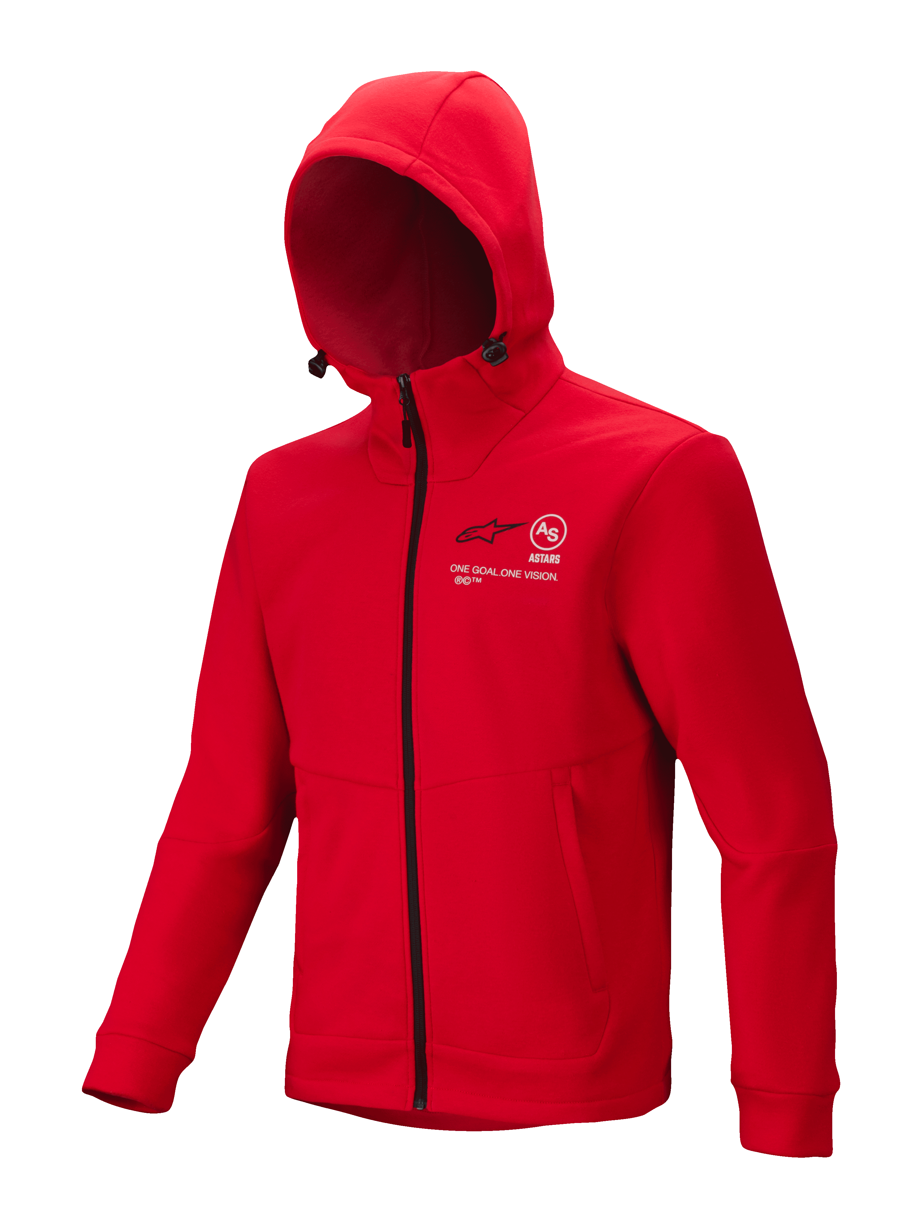 Alpinestars Racer MX Fleece, felpa con cappuccio da motocross rosso acceso, zip integrale nera, cappuccio regolabile, loghi bianchi Astars e scritta One Goal One Vision sul petto, tasche con zip, abbigliamento casual motorsport