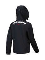 Alpinestars Youth Racer MX Fleece, felpa da motocross nera, vista posteriore con scritta Alpinestars bianca sulle spalle, pile strutturato con cappuccio compatto, design ergonomico per la guida fuoristrada