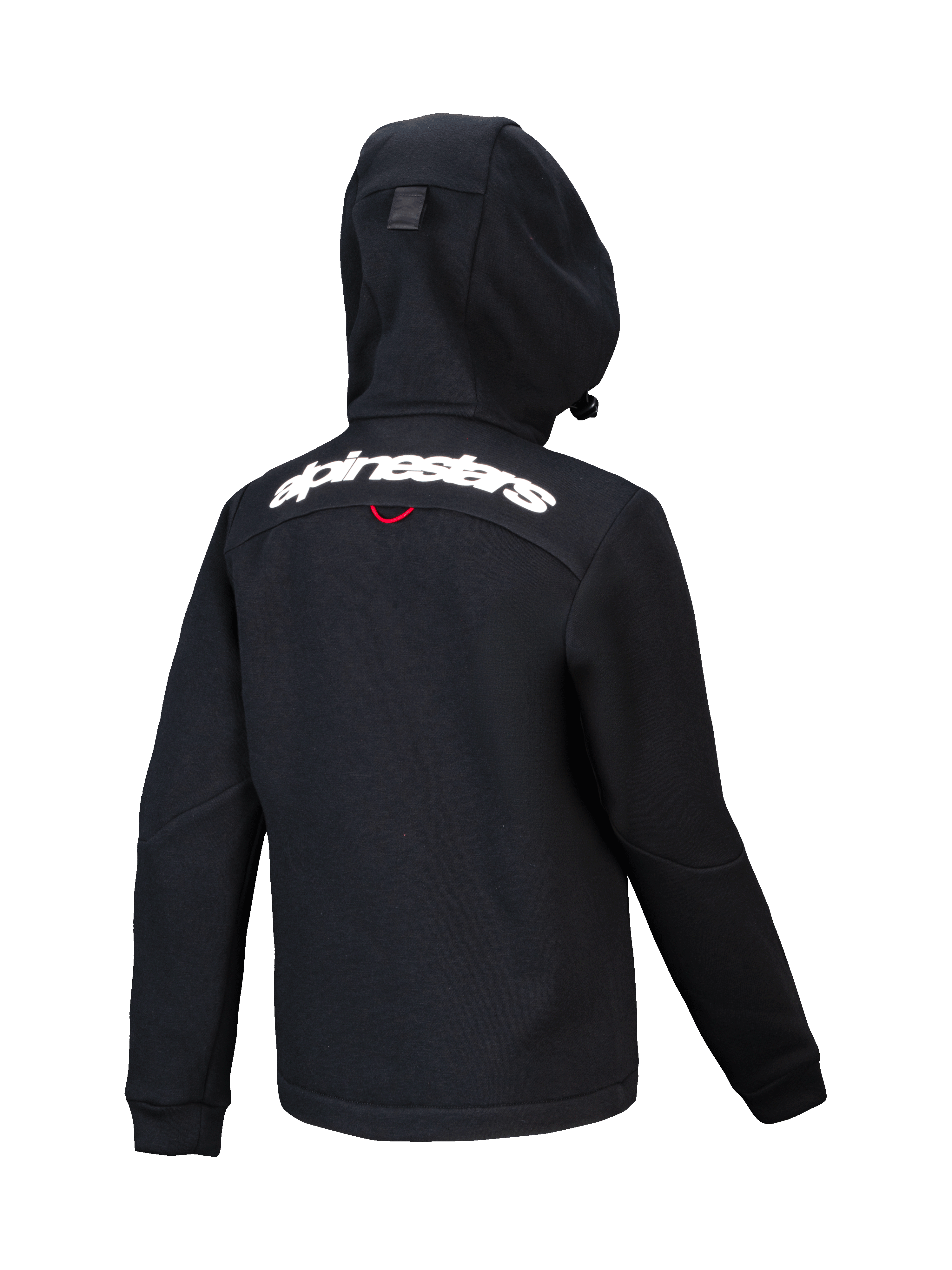 Alpinestars Youth Racer MX Fleece, felpa da motocross nera, vista posteriore con scritta Alpinestars bianca sulle spalle, pile strutturato con cappuccio compatto, design ergonomico per la guida fuoristrada
