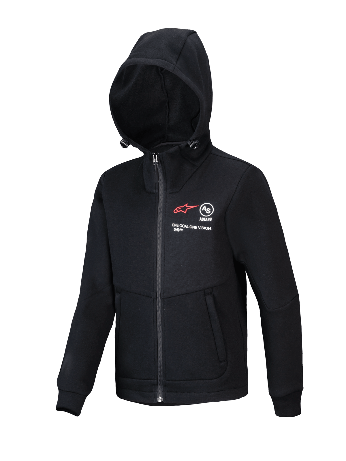 Alpinestars Youth Racer MX Fleece, felpa con cappuccio nera da motocross, giacca con zip integrale e cappuccio regolabile, caratterizzata dal logo A-star rosso e dal marchio 'ONE GOAL. ONE VISION.', tasche con zip, abbigliamento performance casual per giovani piloti
