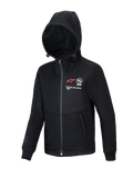 Alpinestars Youth Racer MX Fleece, felpa con cappuccio nera da motocross, giacca con zip integrale e cappuccio regolabile, caratterizzata dal logo A-star rosso e dal marchio 'ONE GOAL. ONE VISION.', tasche con zip, abbigliamento performance casual per giovani piloti