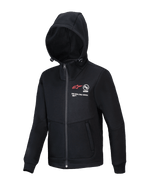 Alpinestars Youth Racer MX Fleece, felpa con cappuccio nera da motocross, giacca con zip integrale e cappuccio regolabile, caratterizzata dal logo A-star rosso e dal marchio 'ONE GOAL. ONE VISION.', tasche con zip, abbigliamento performance casual per giovani piloti