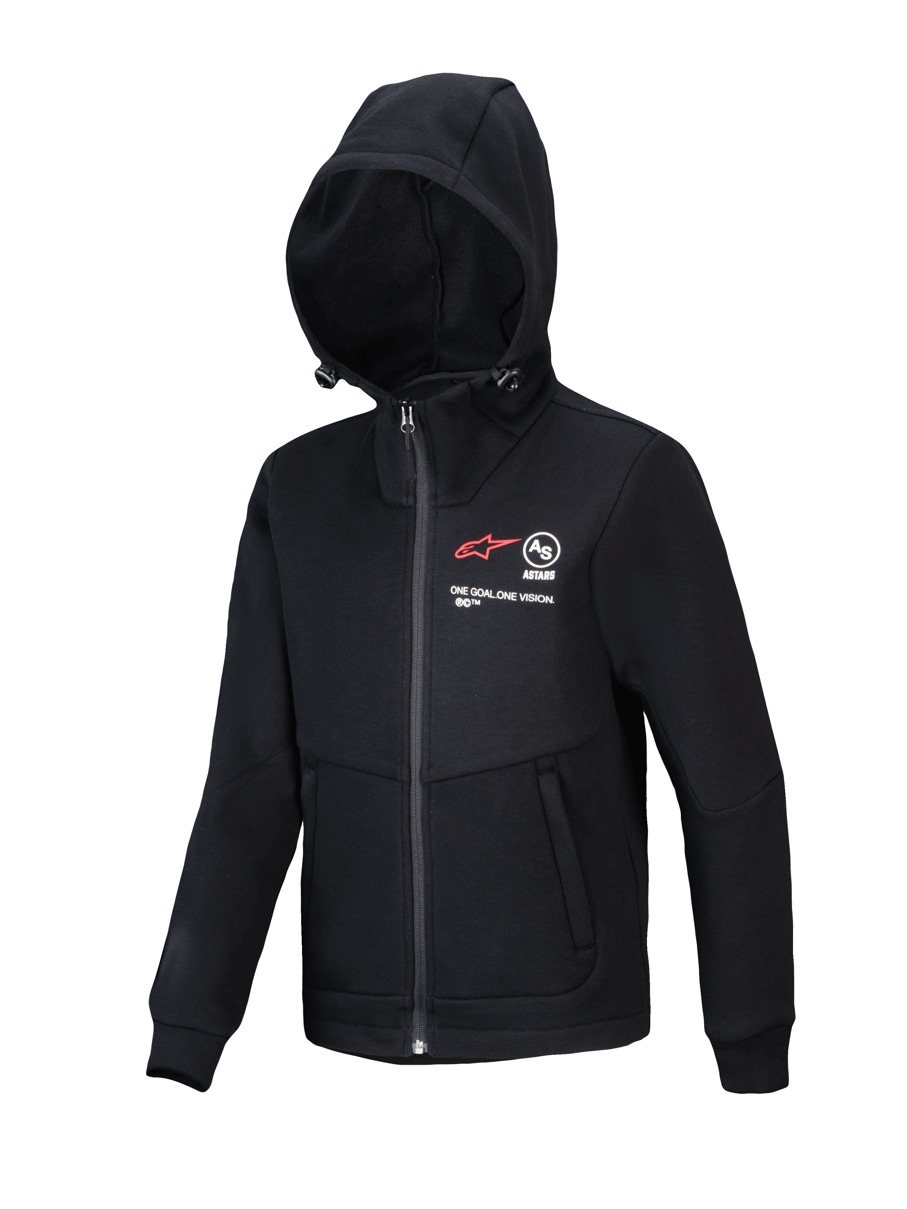 Alpinestars Youth Racer MX Fleece, felpa con cappuccio nera da motocross, giacca con zip integrale e cappuccio regolabile, caratterizzata dal logo A-star rosso e dal marchio 'ONE GOAL. ONE VISION.', tasche con zip, abbigliamento performance casual per giovani piloti