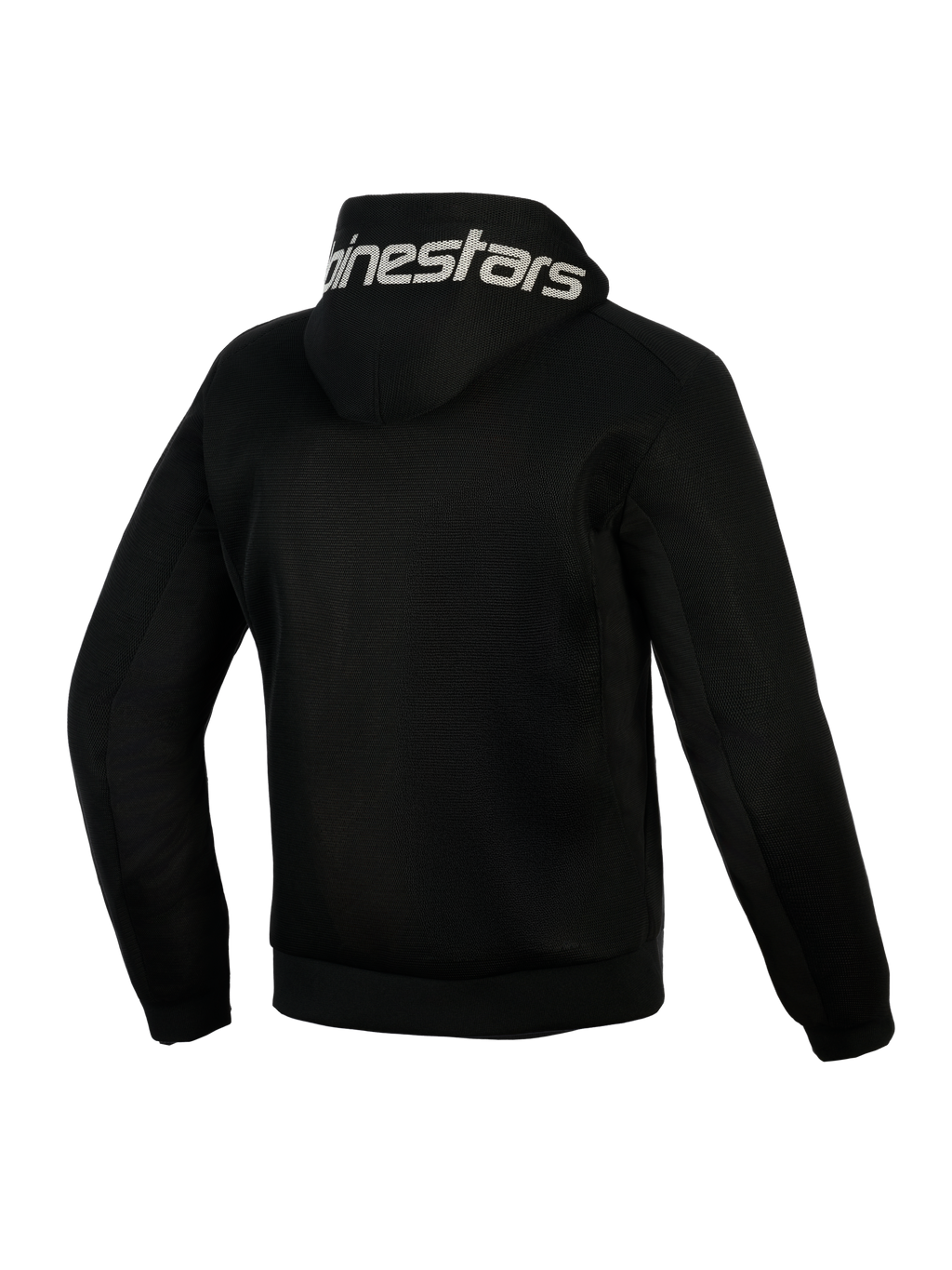 Felpa Alpinestars Chrome Superairflow, nero, vista posteriore, con marchio Alpinestars bianco sul cappuccio, costruzione integrale in mesh tecnico 3D per la ventilazione, abbigliamento protettivo da moto per climi caldi