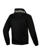 Felpa Alpinestars Chrome Superairflow, nero, vista posteriore, con marchio Alpinestars bianco sul cappuccio, costruzione integrale in mesh tecnico 3D per la ventilazione, abbigliamento protettivo da moto per climi caldi