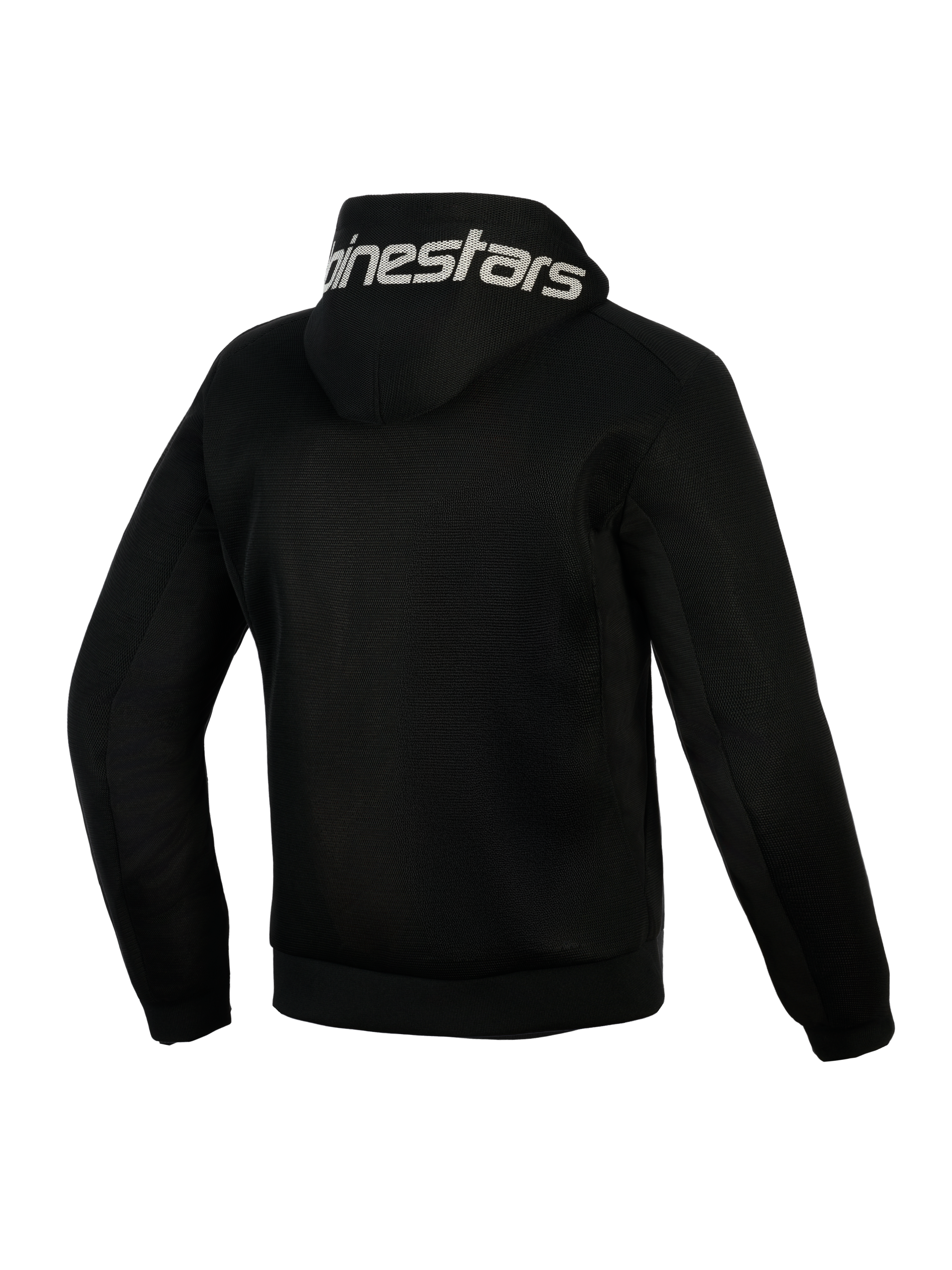 Felpa Alpinestars Chrome Superairflow, nero, vista posteriore, con marchio Alpinestars bianco sul cappuccio, costruzione integrale in mesh tecnico 3D per la ventilazione, abbigliamento protettivo da moto per climi caldi