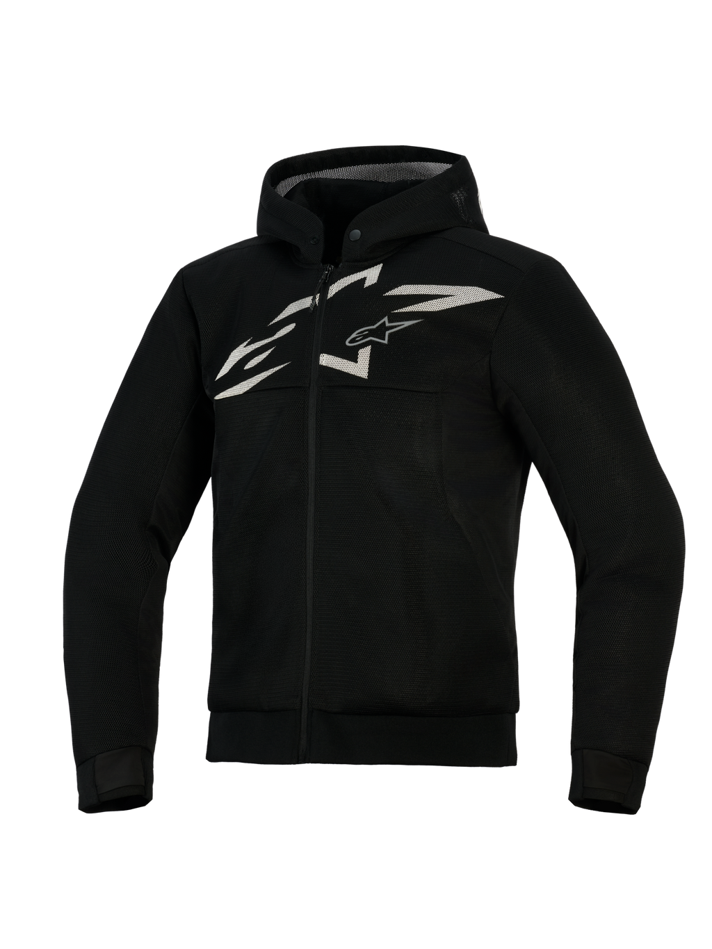 Alpinestars Chrome Superairflow Hoodie, felpa da moto ventilata, nera con logo bianco e grigio, con costruzione integrale in mesh 3D, design con zip frontale e cappuccio integrato, vestibilità atletica per la guida sportiva