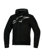 Alpinestars Chrome Superairflow Hoodie, felpa da moto ventilata, nera con logo bianco e grigio, con costruzione integrale in mesh 3D, design con zip frontale e cappuccio integrato, vestibilità atletica per la guida sportiva