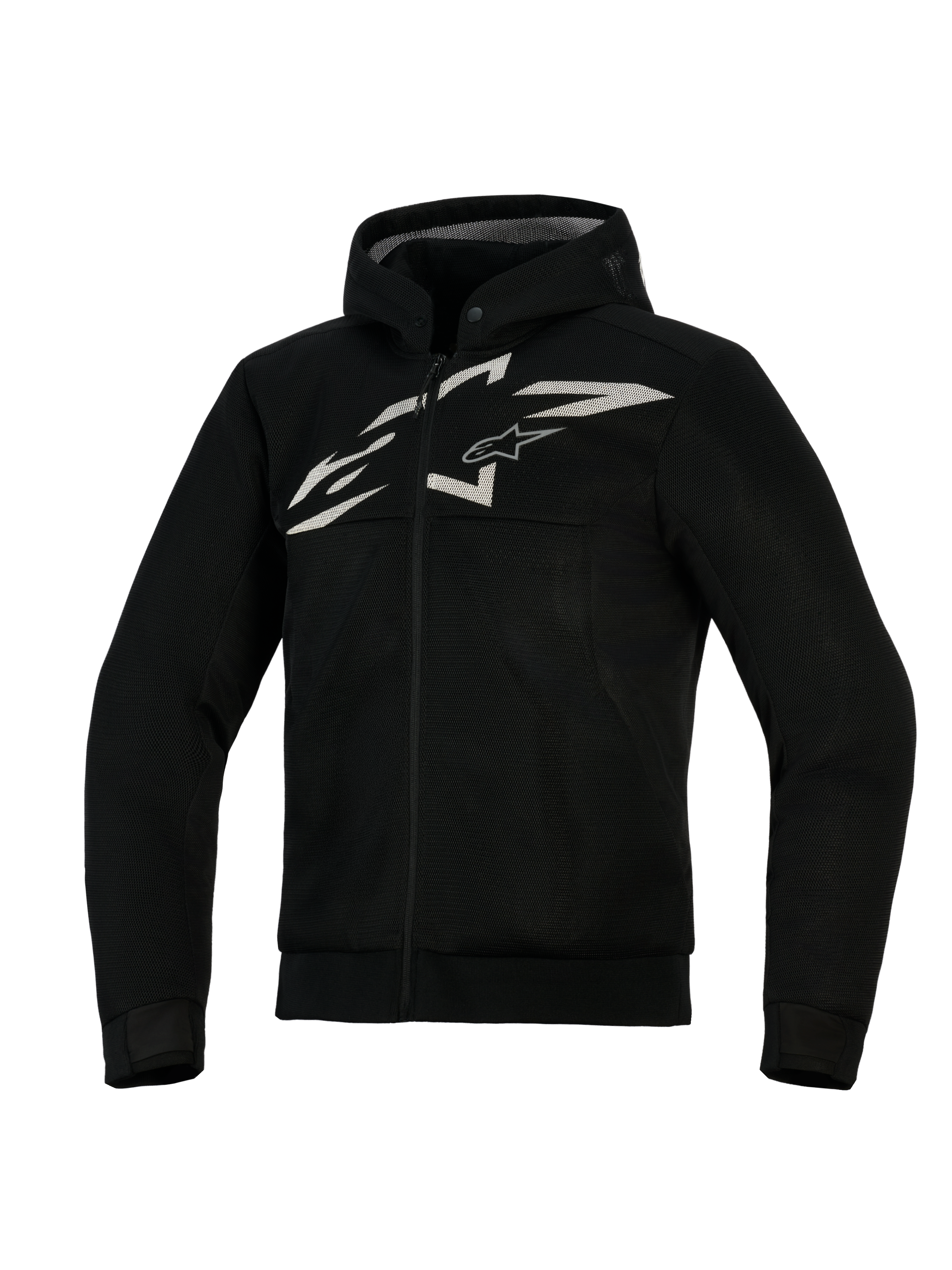 Alpinestars Chrome Superairflow Hoodie, felpa da moto ventilata, nera con logo bianco e grigio, con costruzione integrale in mesh 3D, design con zip frontale e cappuccio integrato, vestibilità atletica per la guida sportiva