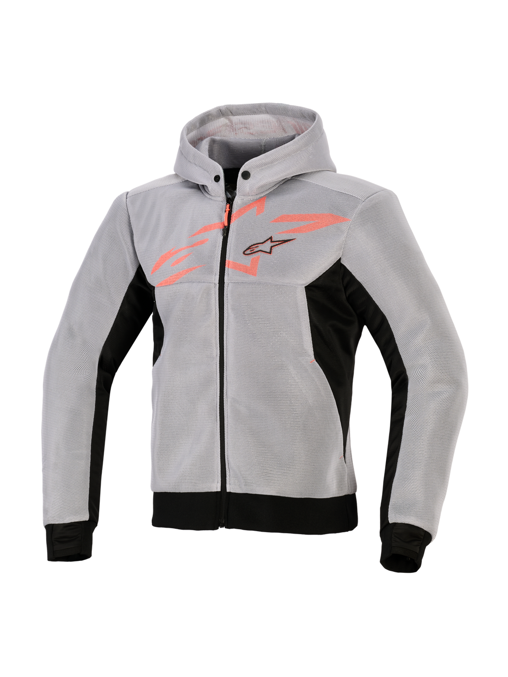 Alpinestars Chrome Superairflow Hoodie, felpa tecnica da moto, nero, grigio medio e rosso fluo, costruzione in mesh tecnico 3D, grigio chiaro con pannelli laterali e bordo neri, grafica sul petto rosso fluo con logo Alpinestars a stella, abbigliamento sportivo da moto