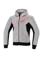 Alpinestars Chrome Superairflow Hoodie, felpa tecnica da moto, nero, grigio medio e rosso fluo, costruzione in mesh tecnico 3D, grigio chiaro con pannelli laterali e bordo neri, grafica sul petto rosso fluo con logo Alpinestars a stella, abbigliamento sportivo da moto