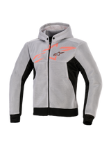 Alpinestars Chrome Superairflow Hoodie, felpa tecnica da moto, nero, grigio medio e rosso fluo, costruzione in mesh tecnico 3D, grigio chiaro con pannelli laterali e bordo neri, grafica sul petto rosso fluo con logo Alpinestars a stella, abbigliamento sportivo da moto